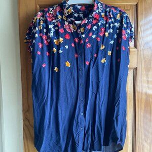 Joules- Short Sleeve Navy Floral Button Down- Size 12